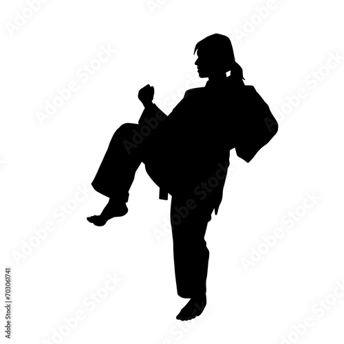 Silhouette of a slim female doing martial art pose. Silhouette of a martial art woman in action pose.
