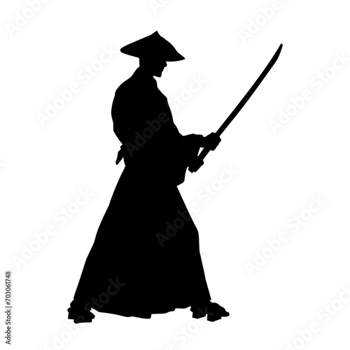 Silhouette of a sword warrior in action pose. Silhouette of a martial art person carrying sword weapon.