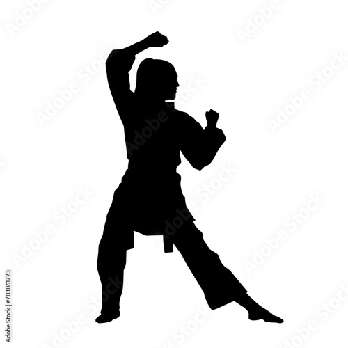 Silhouette of a slim female doing martial art pose. Silhouette of a martial art woman in action pose.