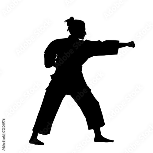 Silhouette of a slim female doing martial art pose. Silhouette of a martial art woman in action pose.