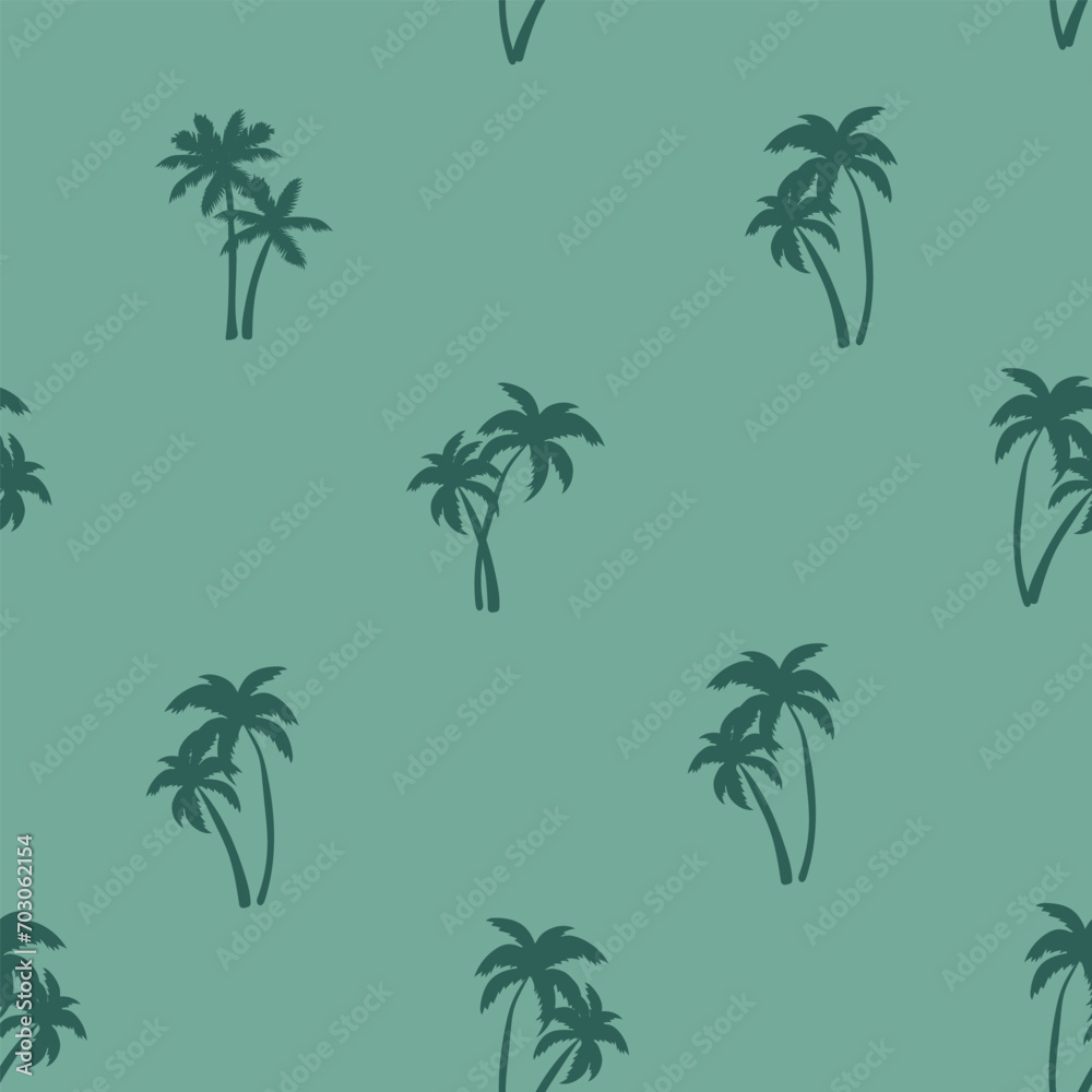 Half-drop seamless repeat pattern with ditsy tonal teal green palm tree silhouettes. Men's, boys, tropical beach, shirt print and more. Half-drop seamless repeat pattern with ditsy tonal teal green palm tree silhouettes. Men's, boys, tropical beach, shirt print and more.