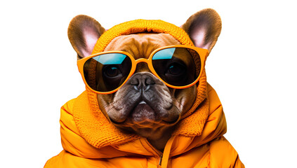 French bulldog wearing sunglasses and jacket isolated on transparent background