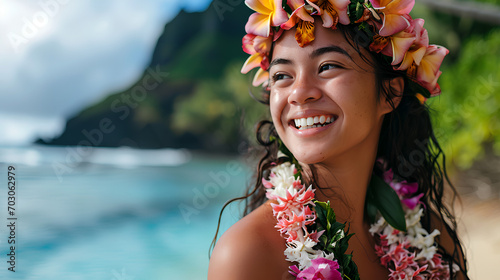 Portrait of young and attractive Hawaiian girl, flower garland around her neck and head, Hawaiian beach in the background photo