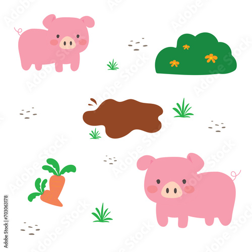 Vector illustration pattern of farm animal, pig with a puddle and plant isolated on white background