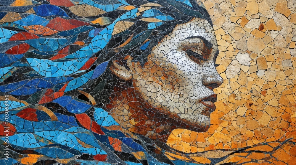 ancient mosaic art, portrait, cyberpunk woman 