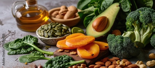 Vitamin E sources include wheat germ oil, dried apricots, hazelnuts, almonds, parsley, avocado, walnuts, sweet potato, broccoli, sunflower seeds, spinach, and green paprika.