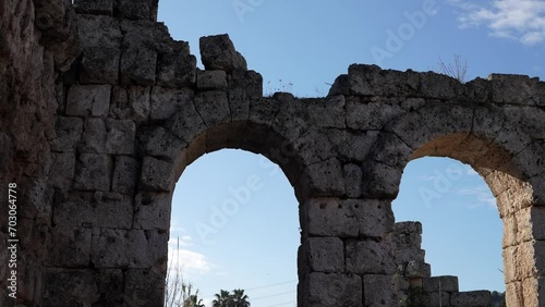 Perge Ancient City. Rows of columns in Perge, Antalya, Turkey. Remains of colonnaded street and anfitheater  in Pamphylian ancient city. 