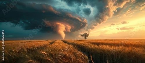 Tornado forming above wheat field. photo