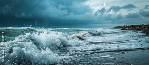 Bali beach polluted, storm approaching with water on camera, creating dramatic view. © 2rogan