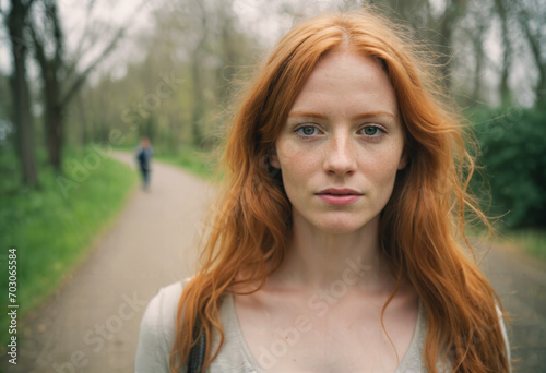 Young ginger woman on walking path in park