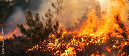 Forest fire, resembling wildfires or prescribed burning, engulfs young pine.