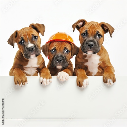 cute puppies looks above empty white banner  white poster sign