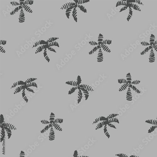 Seamless vector repeat pattern with hand drawn brush stroke palm tree silhouettes in tonal charcoal and light gray. Tropical, beach, swim, mens, boys projects.