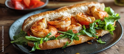 Delightful homemade shrimp sandwich on baguette with lettuce, tomato, and zesty sauce. photo