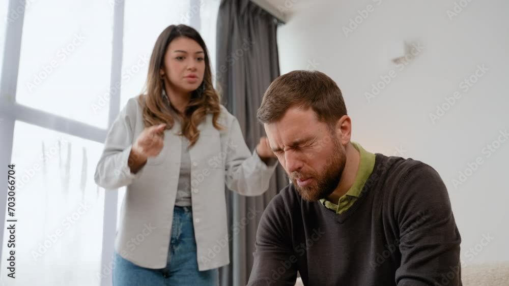 Annoyed nervous wife shouting screaming on frustrated husband accusing in cheat threatening with breakup divorce