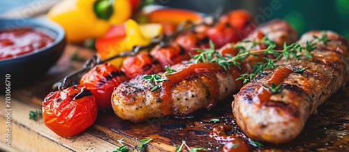 Grilled sausage and veggies on a wooden board with sauce.