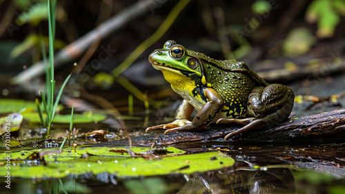 Adult American bullfrog at the nature pool in green tropical forest showing abundant nature