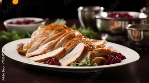 A festive scene of roast turkey slices arranged on a platter, garnished with fresh herbs and accompanied by a bowl of tangy cranberry sauce. The stuffing, studded with toasted pecans and