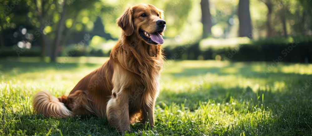 A happy dog sits on the green grass, blending with nature, its eyes reflecting joy and tail wagging in anticipation. - obrazy, fototapety, plakaty 
