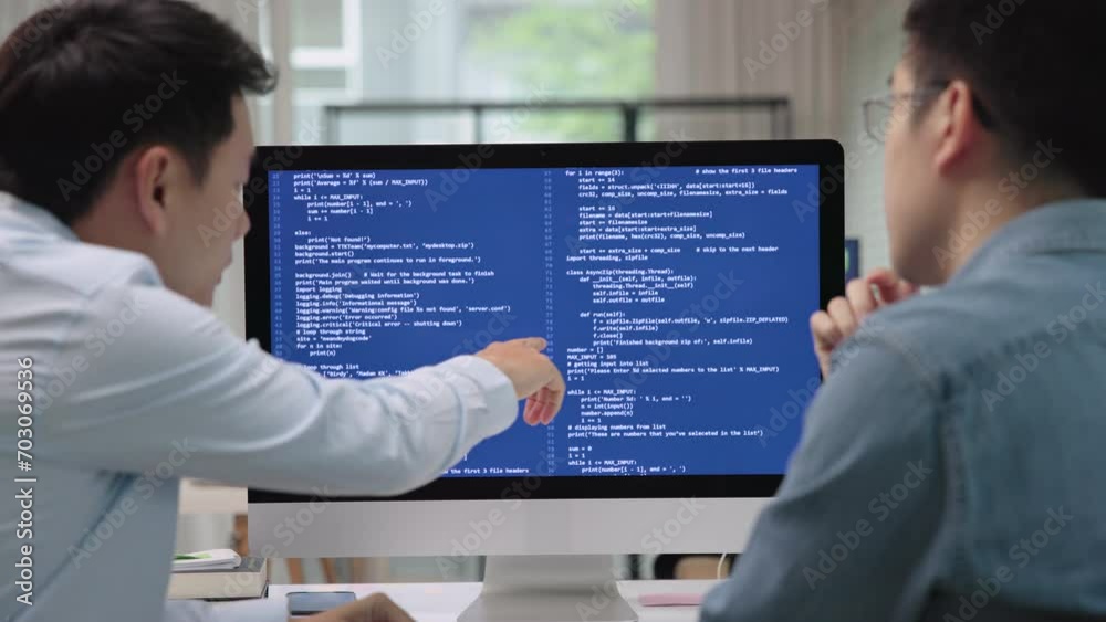 Smart AI cyber bot deep tech tools help write prompt code screen. Asia people asian man IT team typing busy talking work on predict big data center office reskill upskill STEM expert skill job course.