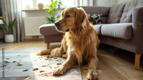 cute adult golden retriever dog sitting and leaving muddy paws on the floor and carpet in the living room