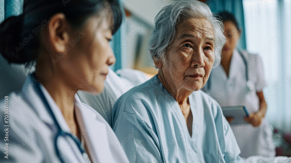 Senior woman in the hospital surrounded by medical staff. Senior woman in the hospital surrounded by medical staff.