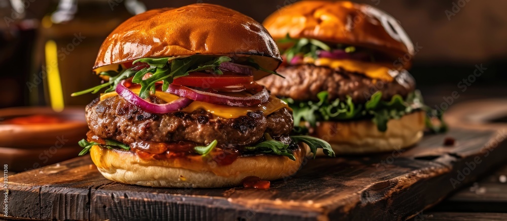 Close-up of two burgers on a wooden board.