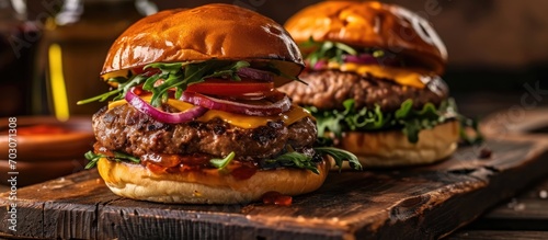 Close-up of two burgers on a wooden board.