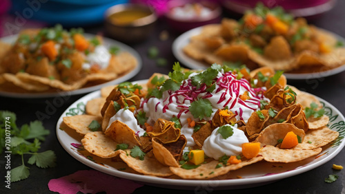 vibrant colors and textures of a delightful plate of Papri Chaat being prepared by a street vendor in the heart of Delhi