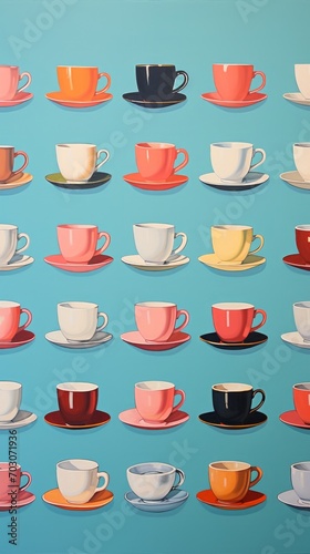 Cups and Saucers on a Blue Background