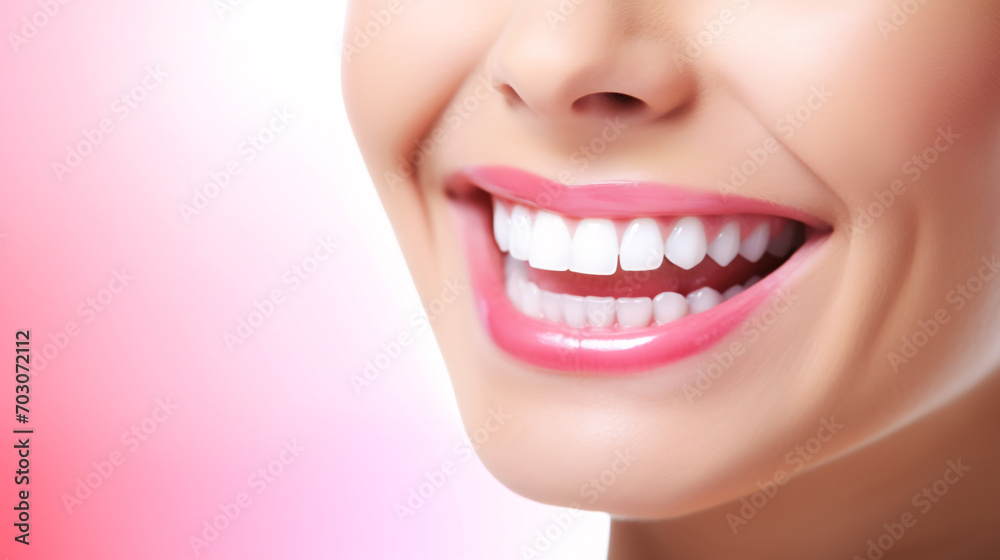 Closeup healthy white teeth and pink gum of a woman. Dental care and teeth whitening concept. Oral care dentistry. Beautiful smile. Perfect healthy teeth. Confident dental beauty. Closeup healthy white teeth and pink gum of a woman. Dental care and teeth whitening concept. Oral care dentistry. Beautiful smile. Perfect healthy teeth. Confident dental beauty.
