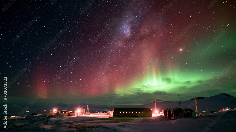 Visualize a stunning view of the Aurora Australis (Southern Lights) illuminating the night sky above a scientific base in Antarctica Visualize a stunning view of the Aurora Australis (Southern Lights) illuminating the night sky above a scientific base in Antarctica