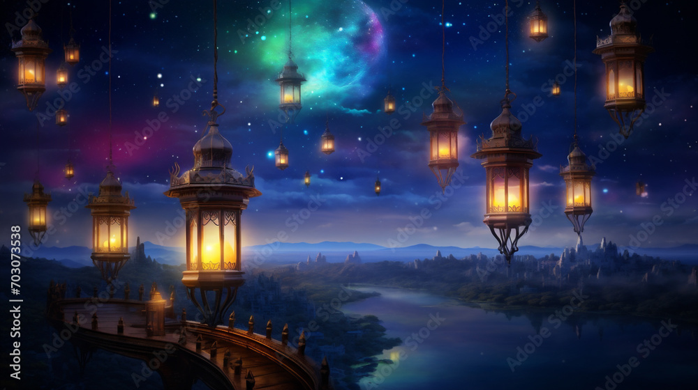 Arabic lanterns under a night sky full of beautiful auroras Arabic lanterns under a night sky full of beautiful auroras