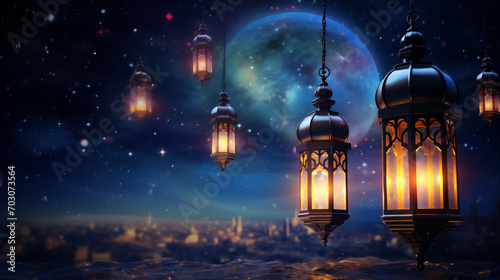Arabic lanterns under a night sky full of beautiful auroras
