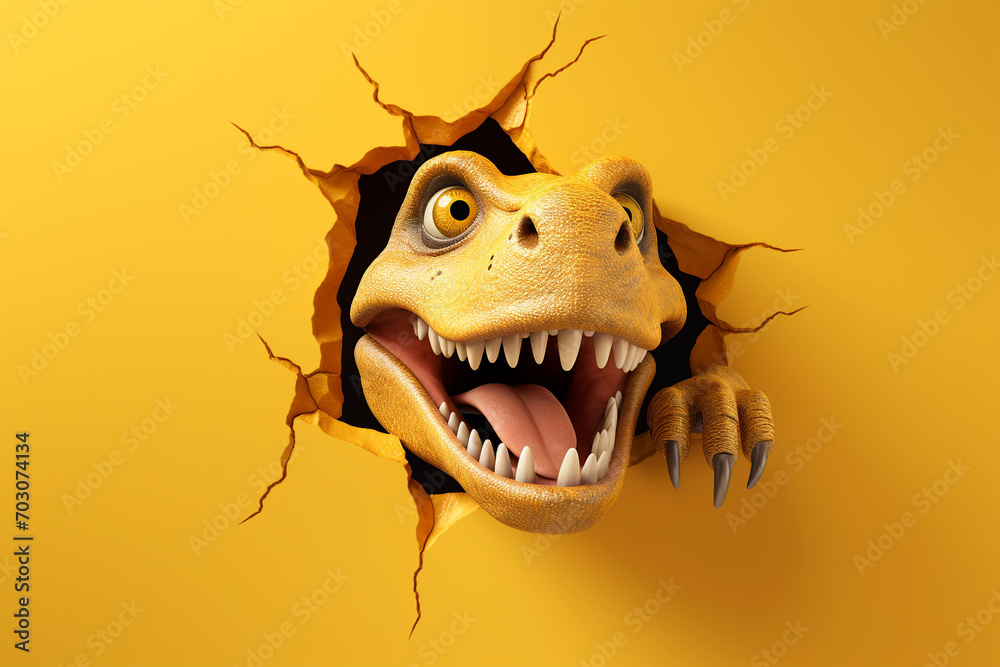 Cute T-Rex peeking out of a hole in the wall, torn hole, empty copy space frame, yellow background
