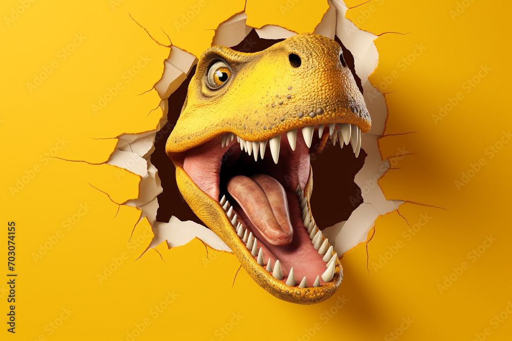 Cute T-Rex peeking out of a hole in the wall, torn hole, empty copy space frame, yellow background Cute T-Rex peeking out of a hole in the wall, torn hole, empty copy space frame, yellow background