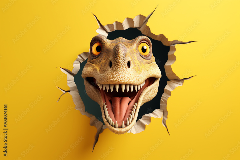 Cute T-Rex peeking out of a hole in the wall, torn hole, empty copy space frame, yellow background Cute T-Rex peeking out of a hole in the wall, torn hole, empty copy space frame, yellow background