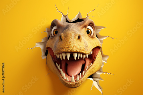 Cute T-Rex peeking out of a hole in the wall, torn hole, empty copy space frame, yellow background