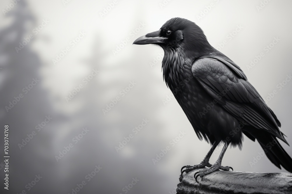 Obraz premium foggy black and white portrait of a raven on a branch