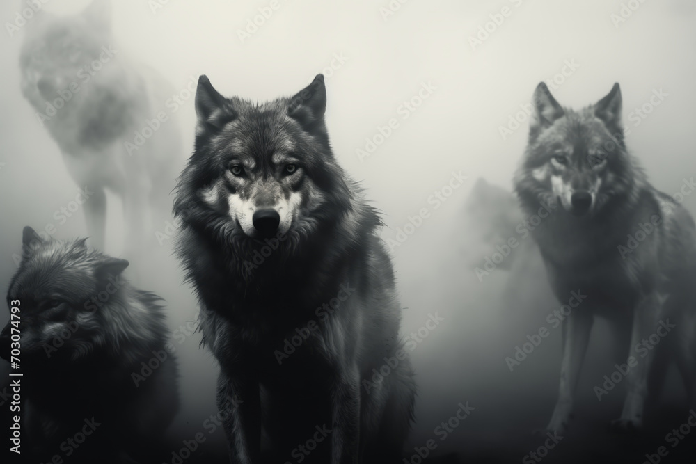 foggy black and white portrait of a pack of wolves foggy black and white portrait of a pack of wolves