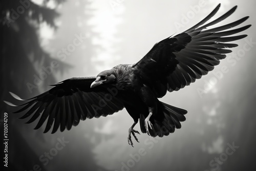 foggy black and white portrait of a raven flying © StockUp