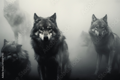 foggy black and white portrait of a pack of wolves