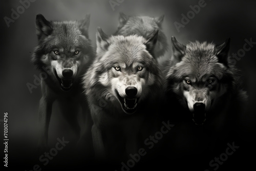 foggy black and white portrait of an angry pack of wolves