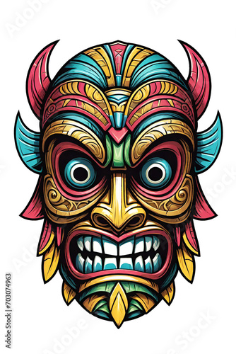 Tiki tribal mask with ethnic ornaments design on transparent background