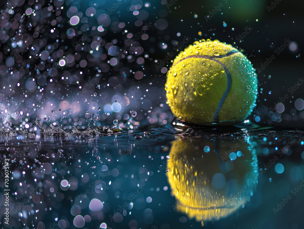 Vibrant Tennis Ball on Wet Surface with Sparkling Water Droplets