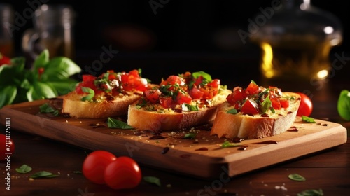 A visually stunning shot of a gourmet white bread bruschetta, adorned with a medley of perfectly diced tomatoes, fragrant basil leaves, and a drizzle of exquisite olive oil, guaranteeing