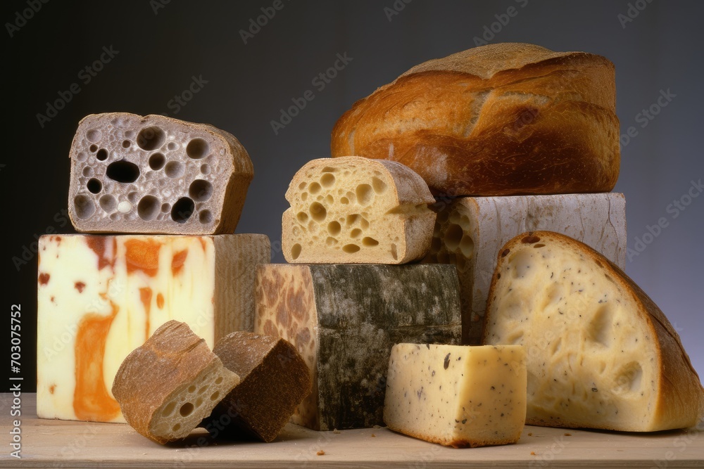 Mold growth on different surfaces like bread, fruit, and cheese.
