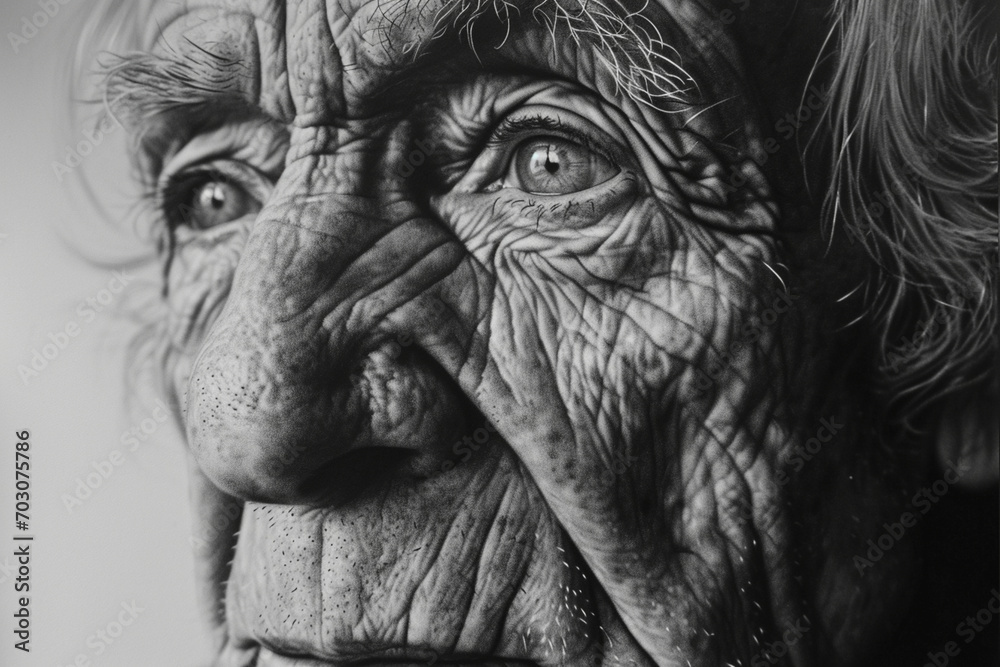 A detailed pencil drawing capturing the intricate features of an elderly face, showcasing the wisdom and character etched in each wrinkle.