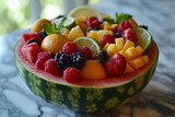 An artful rendering of a refreshing fruit salad in a carved watermelon bowl, filled with a mix of melons, berries, and citrus fruits for a visually enticing treat.