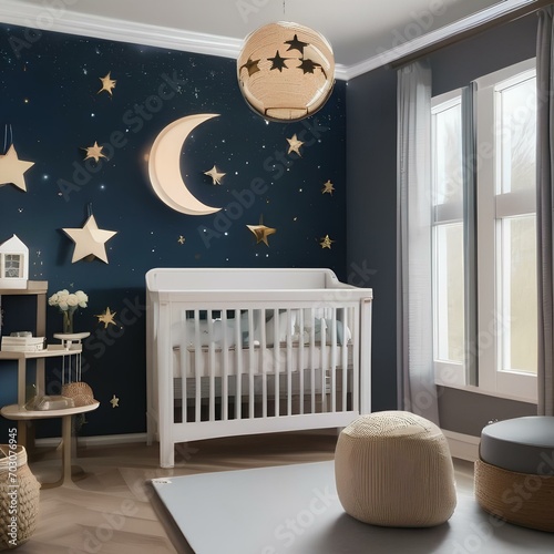 A celestial-themed nursery with moon and star motifs, celestial mobiles, and soothing, cosmic colors1 photo